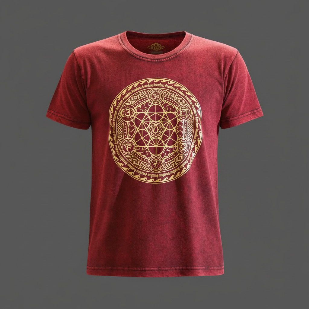 Red t-shirt with a gold geometric design on a dark gray background