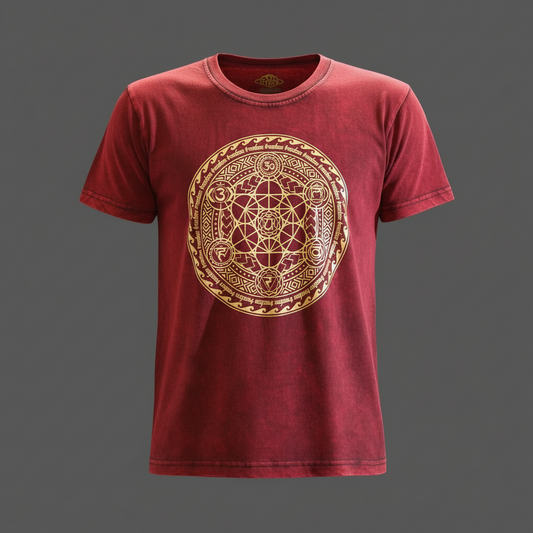 Red t-shirt with a gold geometric design on a dark gray background