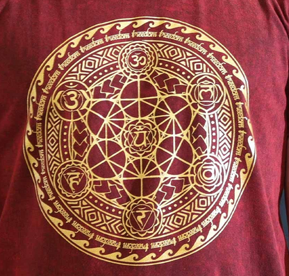 Chakra Large Maroon Stone Washed T-Shirt displayed on a mannequin, showcasing its unique design and soft texture, ideal for casual outings.