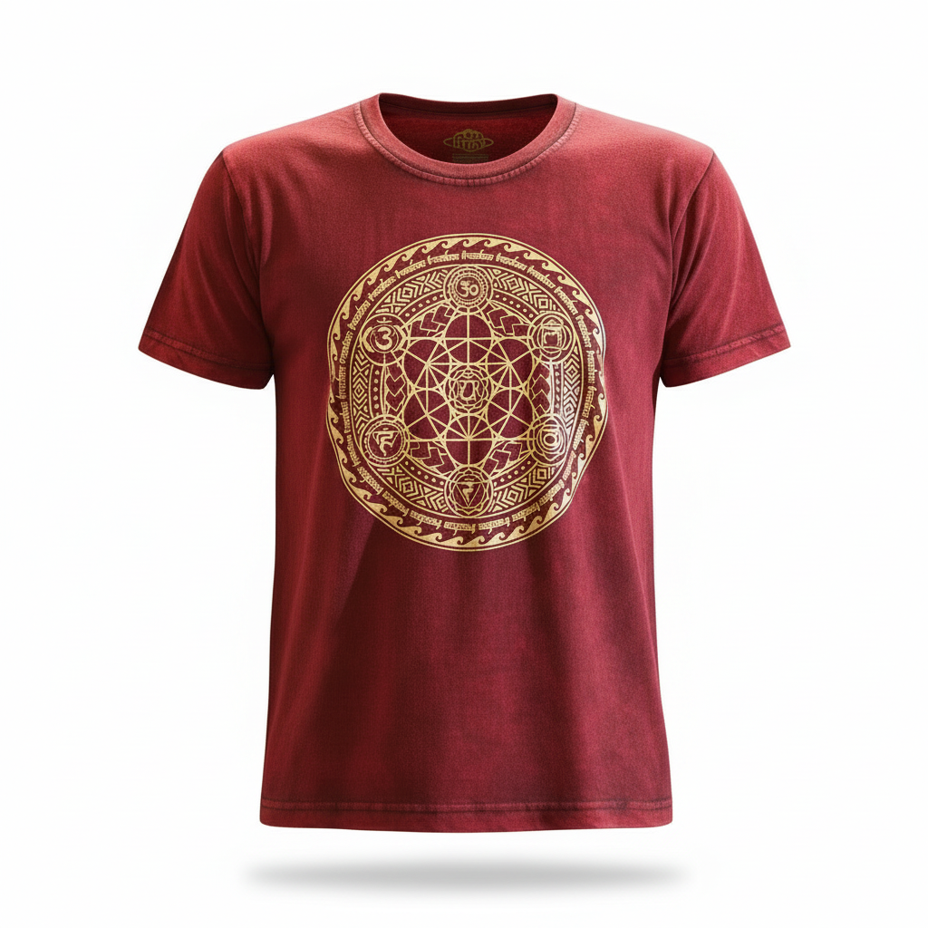 Close-up of the fabric of the Chakra Large Maroon Stone Washed T-Shirt highlighting its stone-washed finish and rich maroon colour, perfect for fashion-lovers.