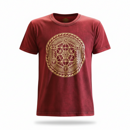 Close-up of the fabric of the Chakra Large Maroon Stone Washed T-Shirt highlighting its stone-washed finish and rich maroon colour, perfect for fashion-lovers.
