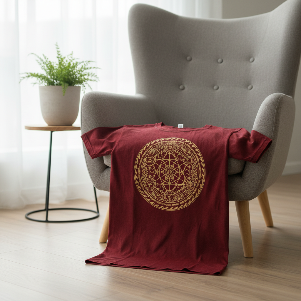 Lifestyle shot of a person wearing the Chakra Large Maroon Stone Washed T-Shirt in a casual setting, perfect for festive occasions.