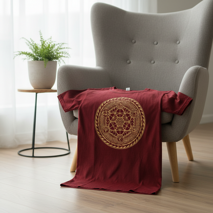 Lifestyle shot of a person wearing the Chakra Large Maroon Stone Washed T-Shirt in a casual setting, perfect for festive occasions.