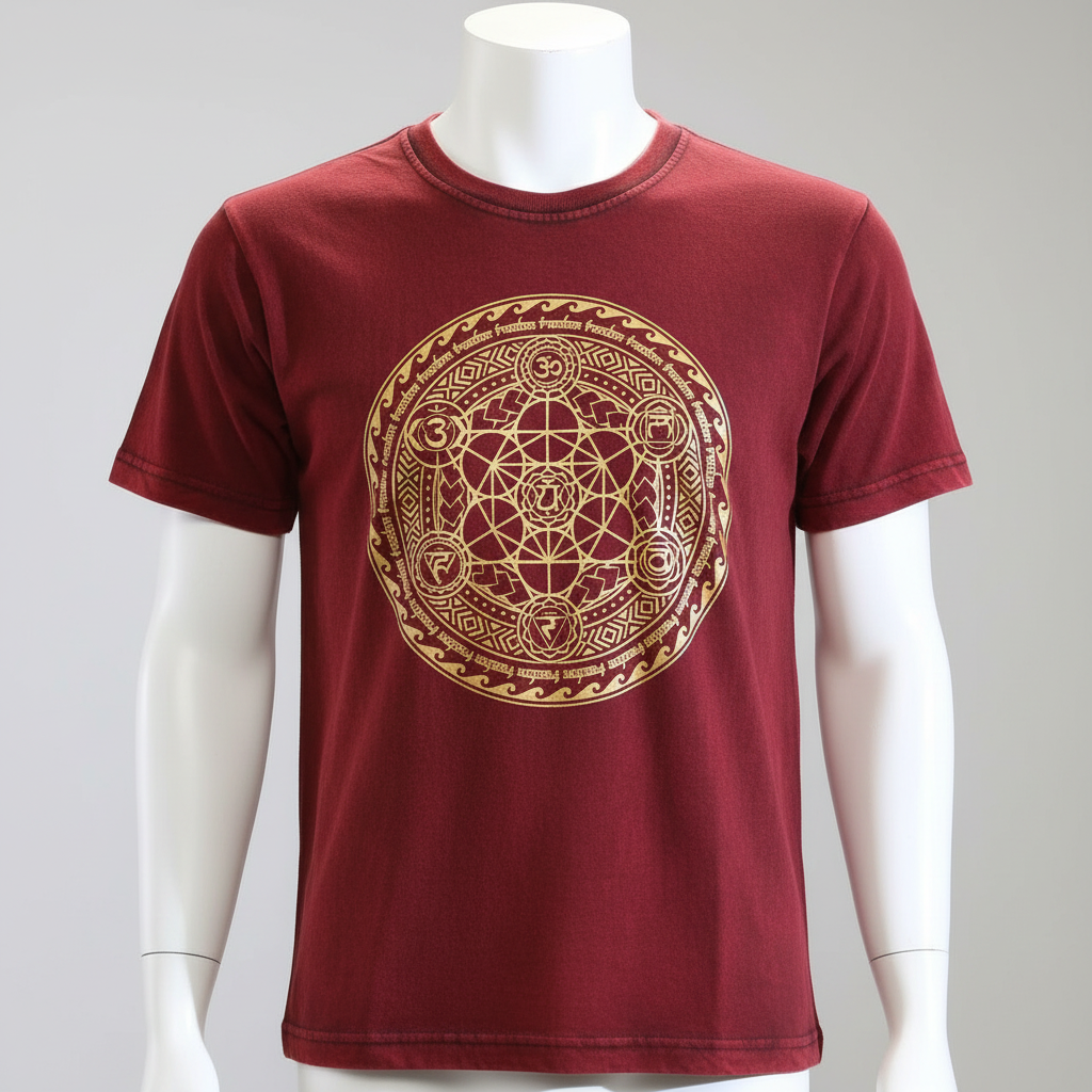 Chakra Large Maroon Stone Washed T-Shirt folded neatly, demonstrating its versatile style and comfort, a great addition to any wardrobe.