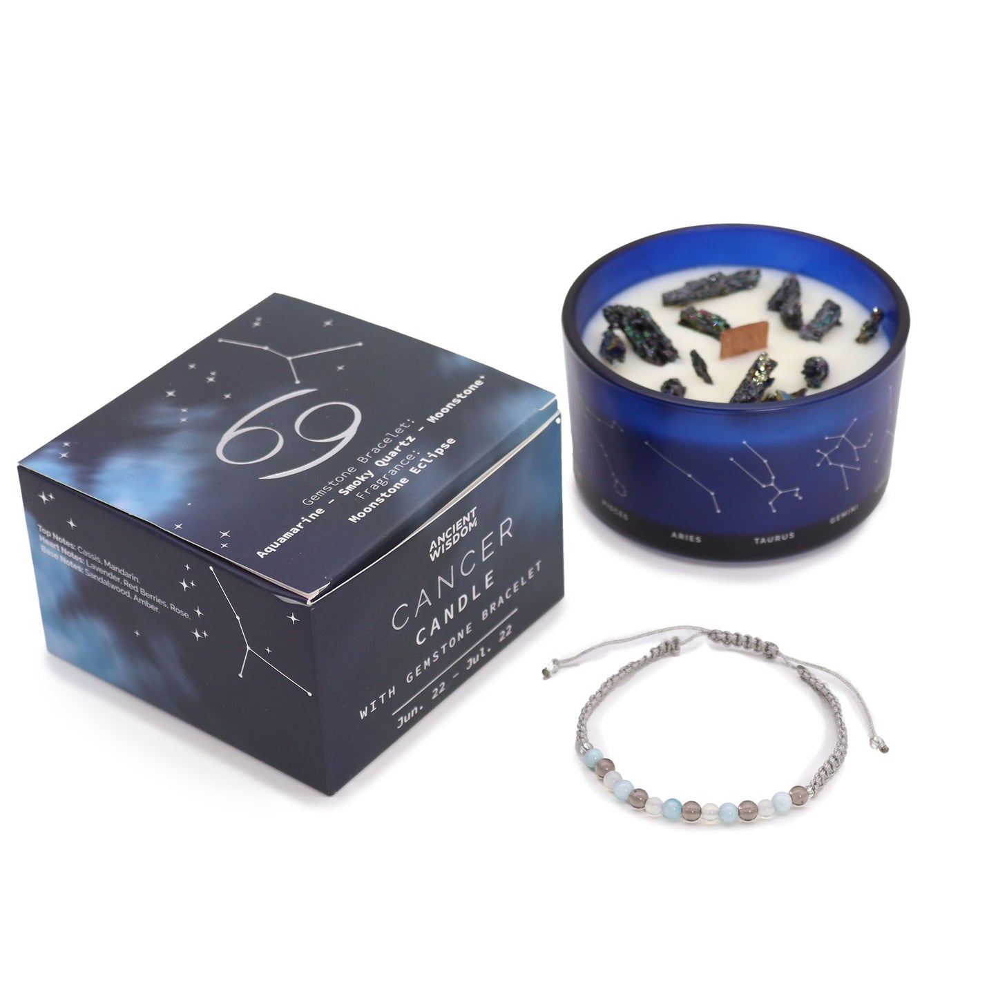 Zodiac Crystal Candle with Gemstone Bracelet - Cancer, accompanied by aquamarine and moonstone details, offering a serene experience and making a thoughtful Christmas Gift Home Fragrance.