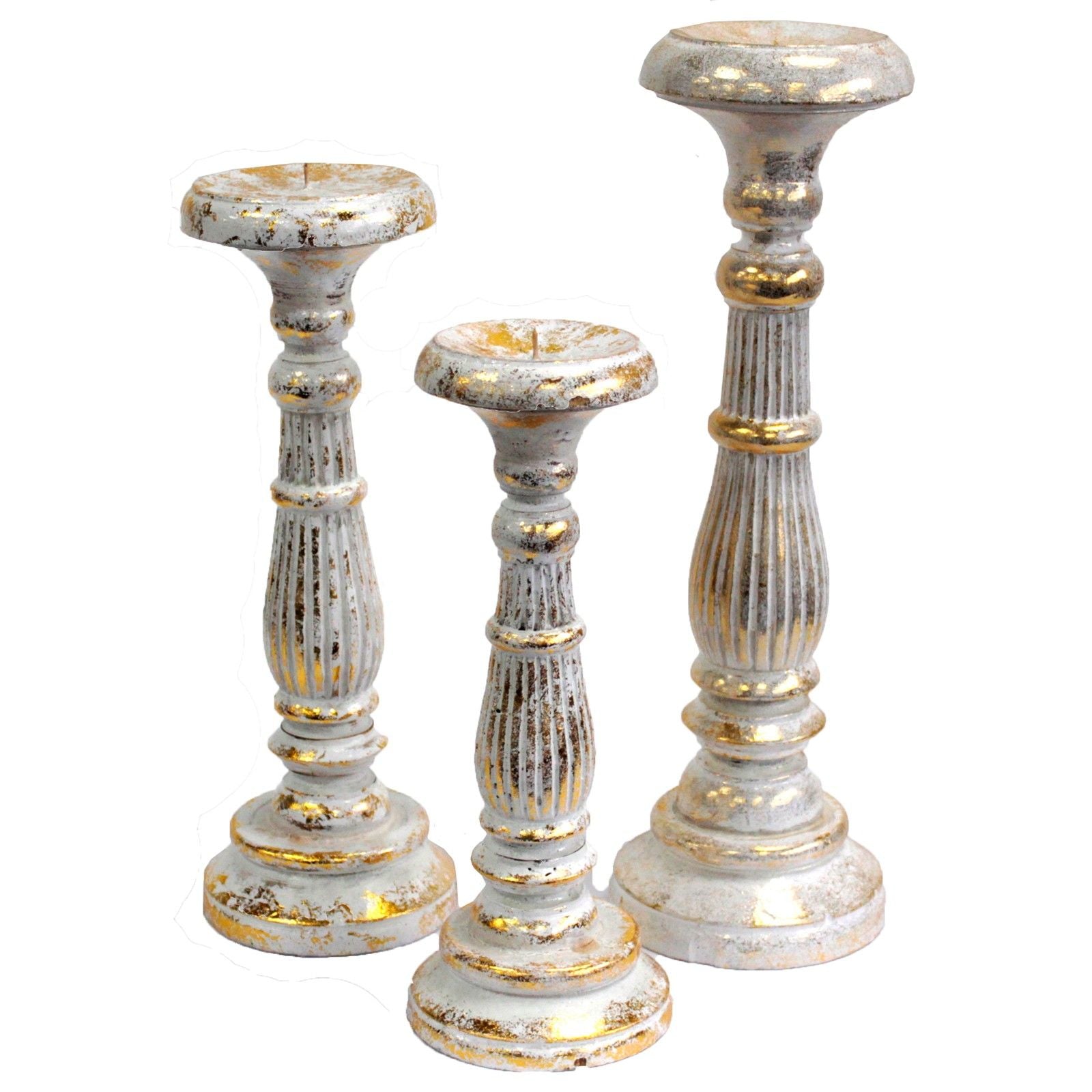 Three Medium White Gold Candle Stands – Handcrafted Eco-Friendly Decor displayed together, featuring beautiful warm cream and shimmering gold accents. Perfect {{scent}} décor – Christmas Gift Home Fragrance.