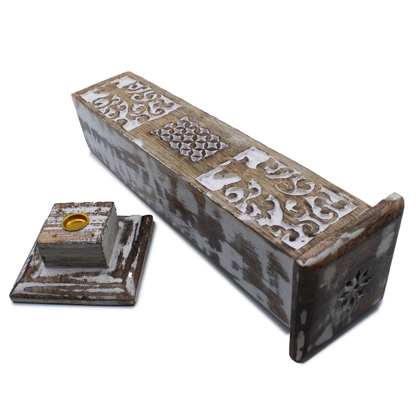 Side view of the Elegant White Washed Smoke Tower Incense Holder displaying its intricate design and elegant finish. This unique home décor item brings soothing scents to any space and serves as a thoughtful Christmas gift home fragrance.