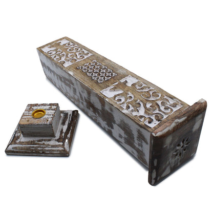 Side view of the Elegant White Washed Smoke Tower Incense Holder displaying its intricate design and elegant finish. This unique home décor item brings soothing scents to any space and serves as a thoughtful Christmas gift home fragrance.