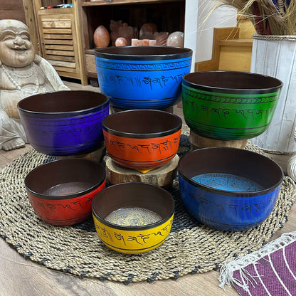 Large 7 Chakra Singing Bowls Set showcasing vibrant bowls in various colours, perfect for creating a serene atmosphere in your home. Ideal as a Christmas gift and home fragrance addition.