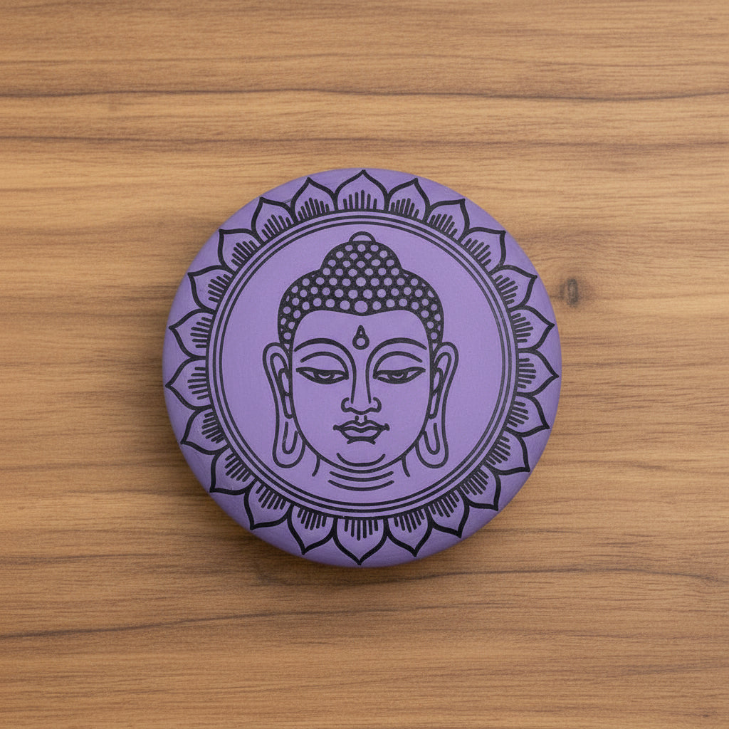 Bottom view of the Extra Loud Purple Haze Mushroom Singing Bowl showcasing its vibrant purple colour and intricate Buddha face design. This {{scent}} {{product_type}} is perfect as a Christmas gift or for enhancing your home fragrance.