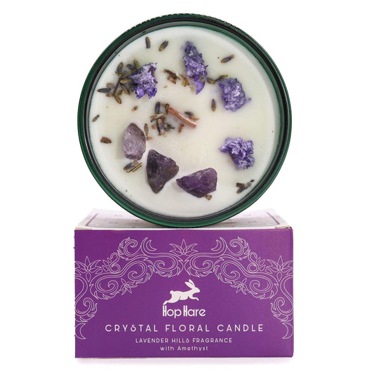 Amethyst Lavender Magic Flower Candle displayed on a box, featuring amethyst gemstones and lavender flowers. This crystal floral candle provides a soothing scent and is an ideal Christmas gift home fragrance.