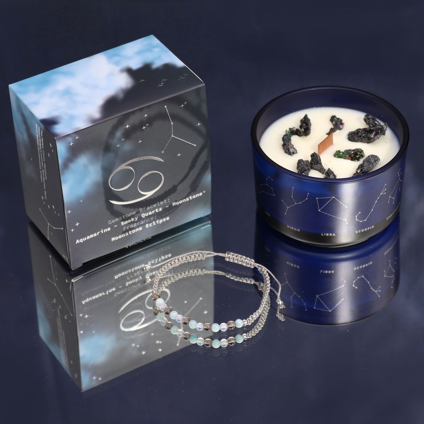 Zodiac Crystal Candle with Gemstone Bracelet - Cancer, featuring the soothing fragrance of Moonstone Eclipse, perfect for creating a calming atmosphere. Ideal as a Christmas Gift Home Fragrance.