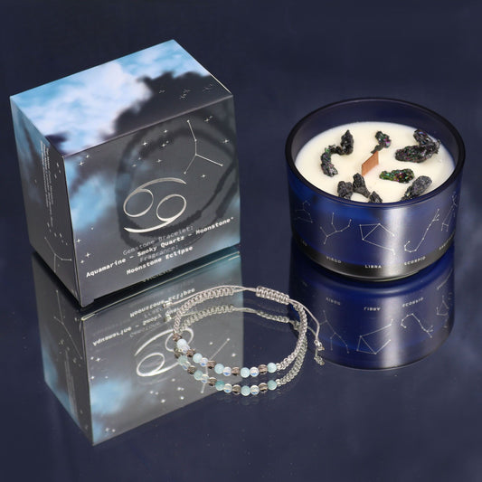 Zodiac Crystal Candle with Gemstone Bracelet - Cancer, featuring the soothing fragrance of Moonstone Eclipse, perfect for creating a calming atmosphere. Ideal as a Christmas Gift Home Fragrance.
