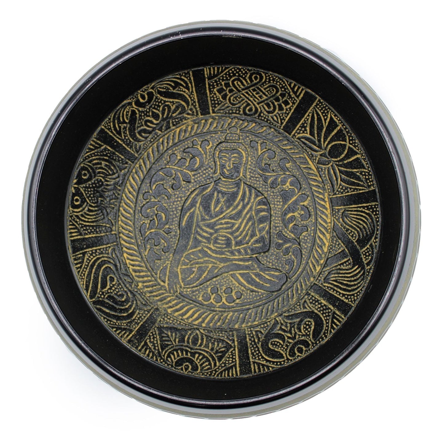 Extra Loud Singing Bowl - Buddha Design for Meditation seen from above, highlighting the detailed design of the Buddha and surrounding motifs. A perfect companion for meditation, ideal as a Christmas Gift Home Fragrance.