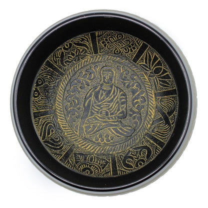 Extra Loud Singing Bowl - Buddha Design for Meditation seen from above, highlighting the detailed design of the Buddha and surrounding motifs. A perfect companion for meditation, ideal as a Christmas Gift Home Fragrance.