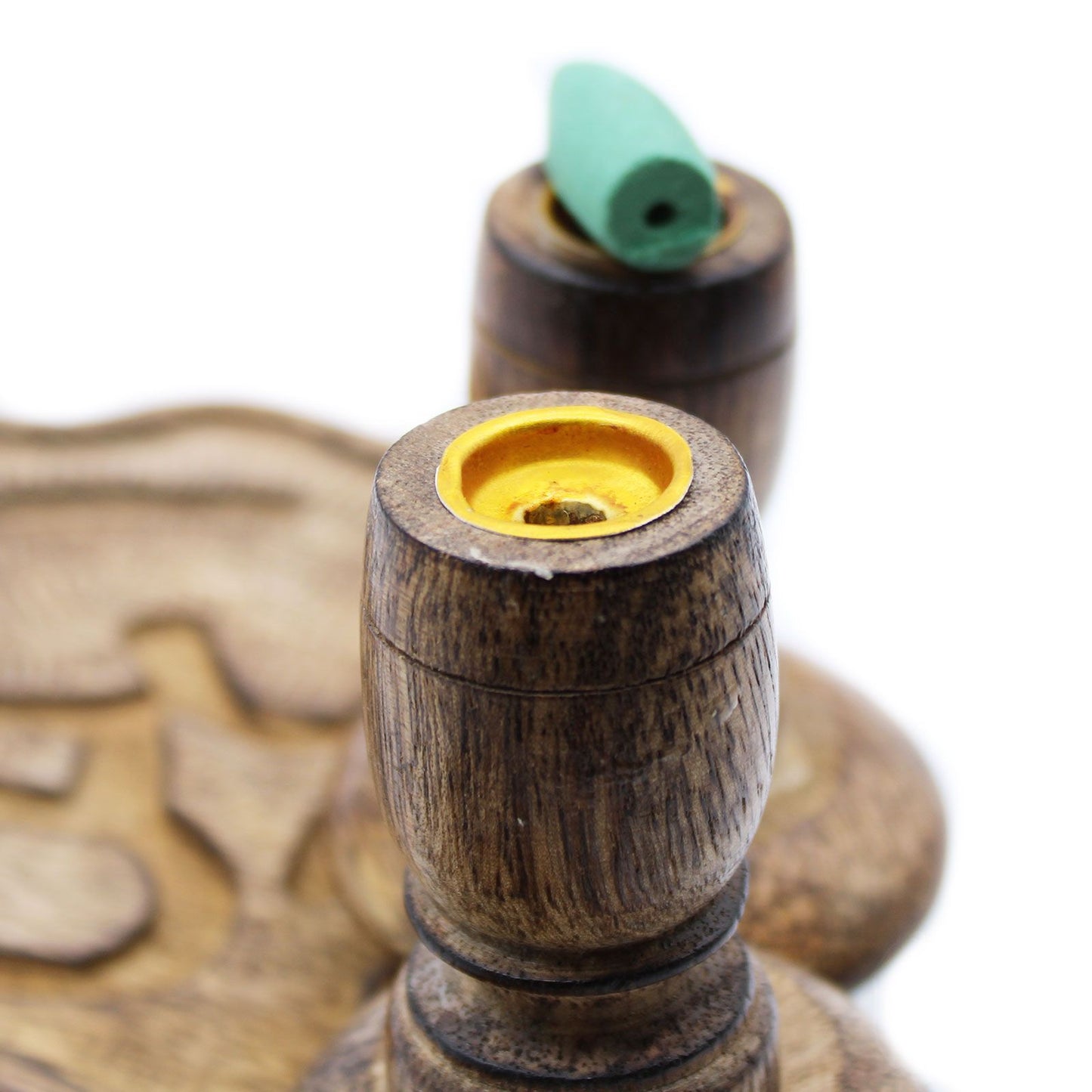 Close-up view of the Sm Mango Wood Backflow Burner - Brass Buddha showcasing the incense cone holder, perfect for enhancing your home fragrance with a unique scent experience – Christmas Gift Home Fragrance.