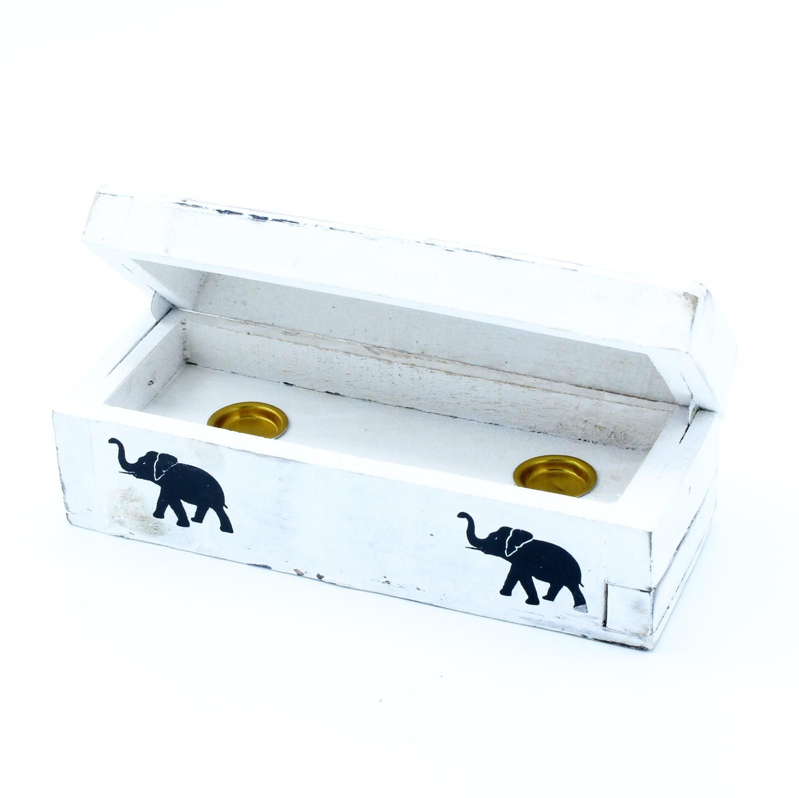 White Washed Incense Holder - 15cm Decorative Smoke Box featuring an open design with two round incense holders, decorated with elephant motifs. Ideal for creating a calming atmosphere, this stylish incense holder is a perfect {{scent}} {{product_type}} – Christmas Gift Home Fragrance.