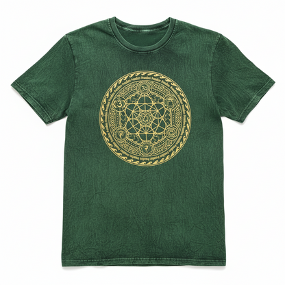 Large Green Stone Washed T-Shirt featuring a unique Chakra design for comfort and style - Perfect for casual wear