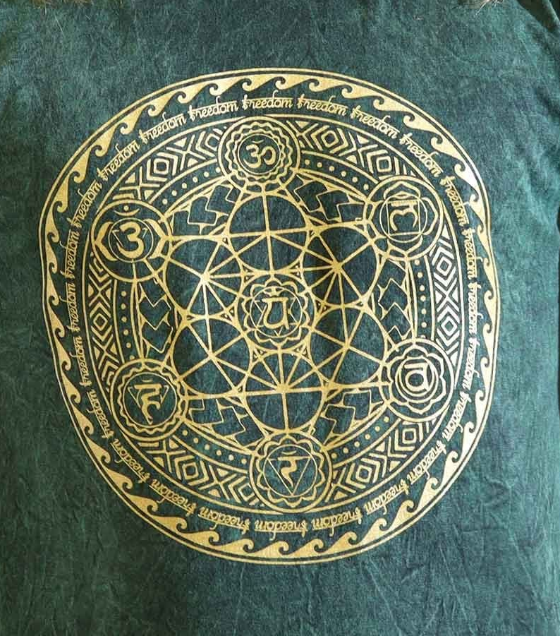 Close-up of the Chakra design on the Large Green Stone Washed T-Shirt, ideal for mindfulness enthusiasts
