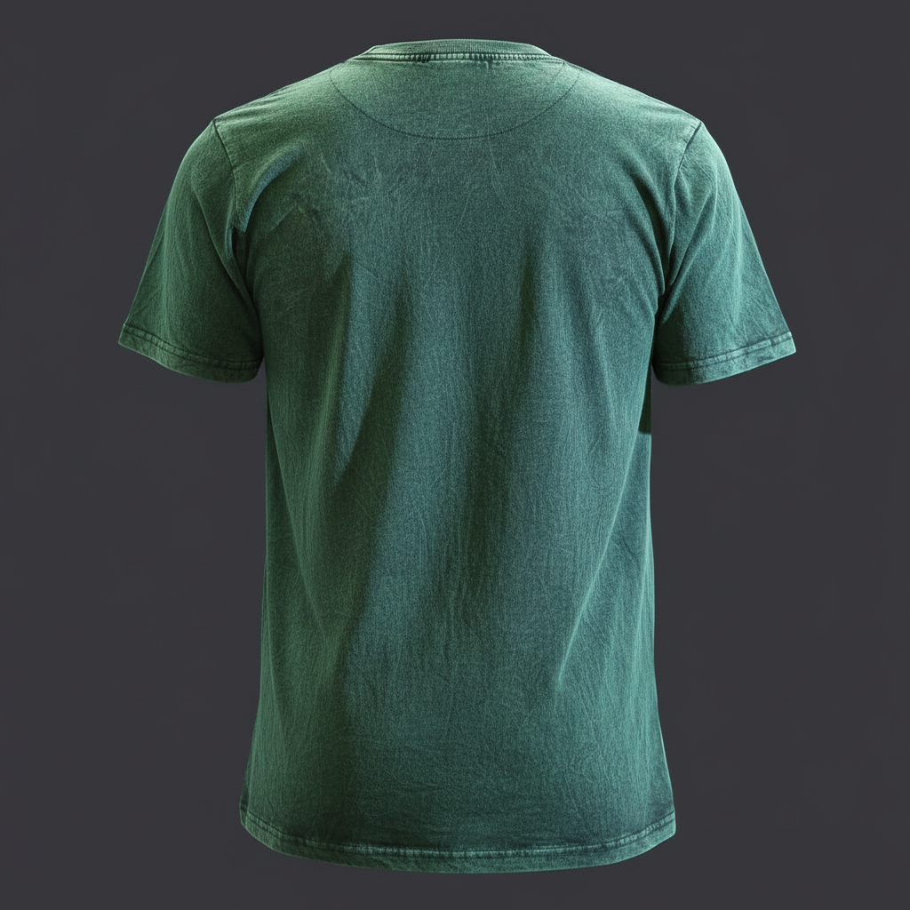 Flat lay of Large Green Stone Washed T-Shirt with details on colour and texture, perfect as a thoughtful gift