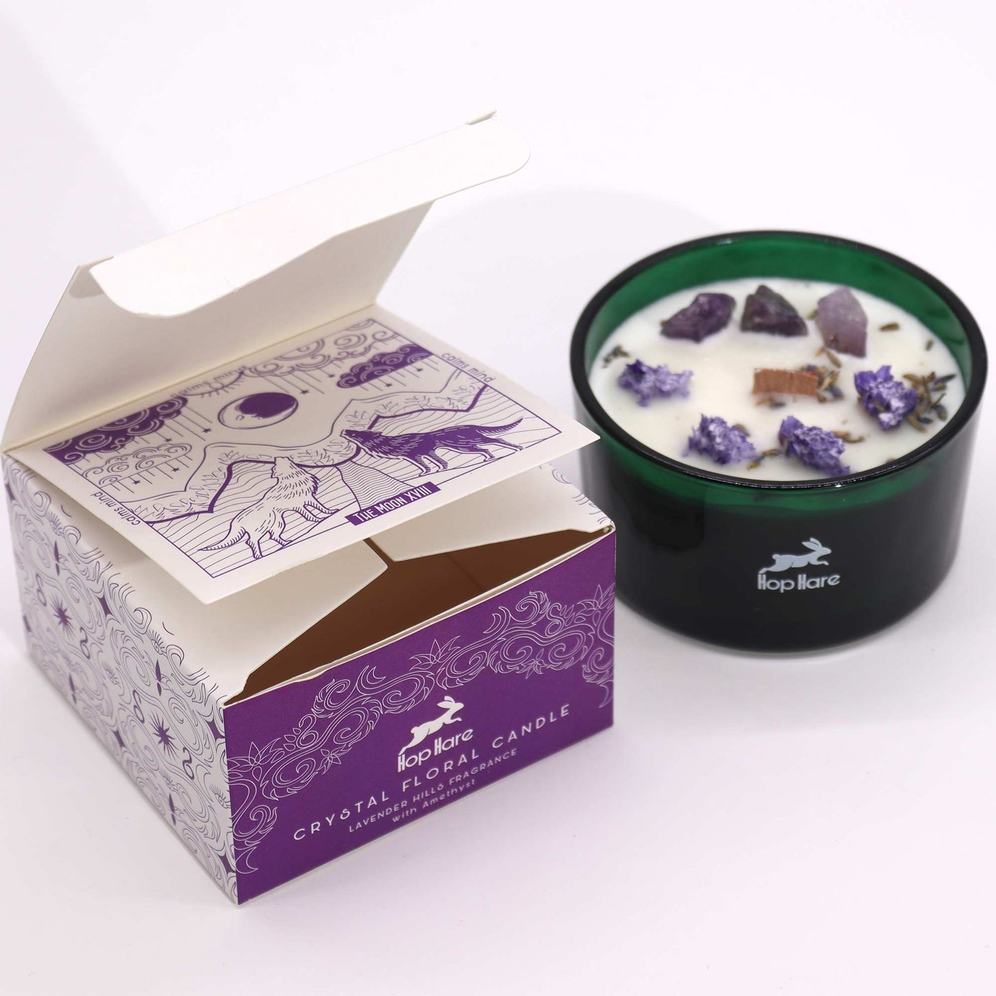 Amethyst Lavender Magic Flower Candle shown in its decorative box, showcasing lavender aroma and beautiful amethyst pieces. A perfect festive gift for home fragrance lovers.