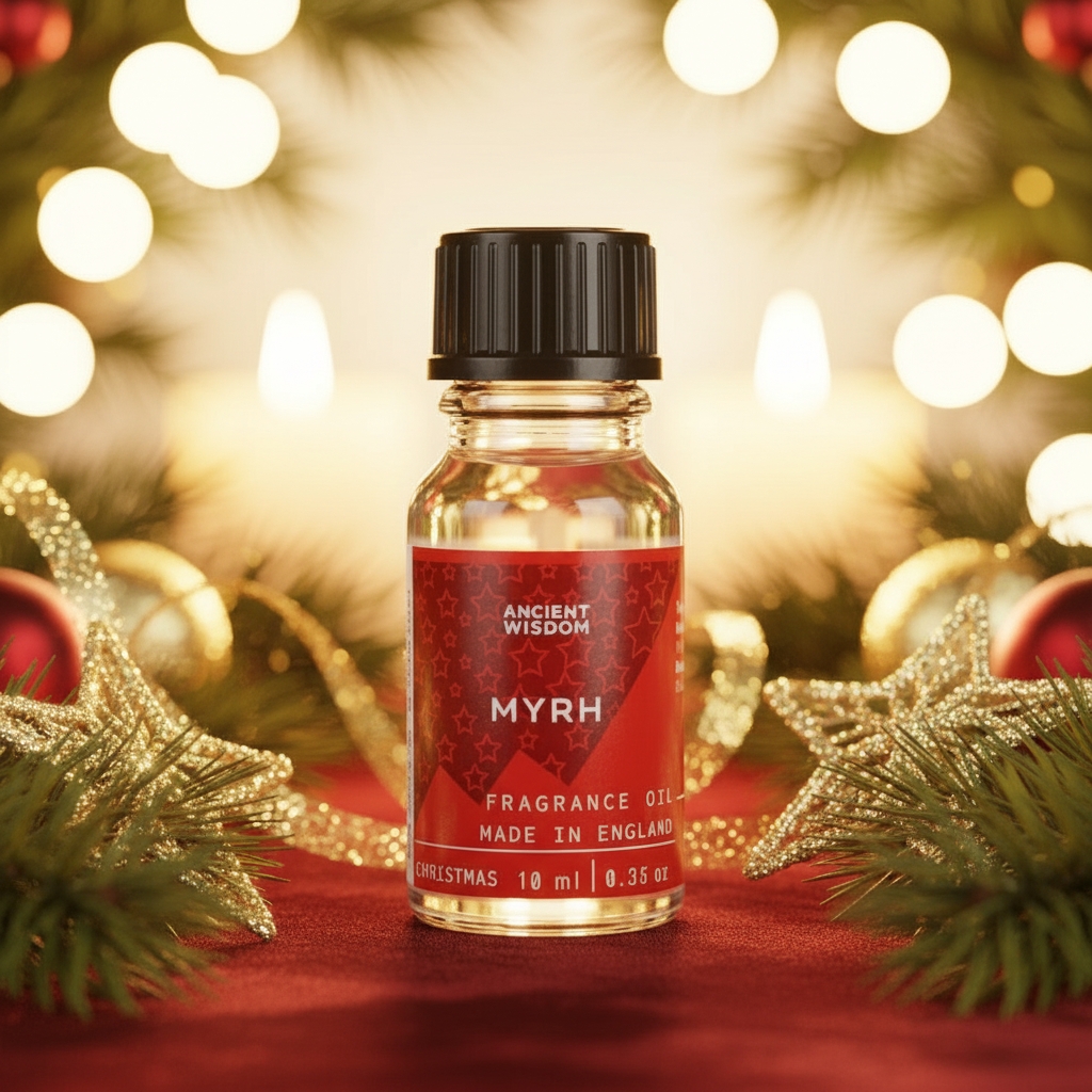 Elegant packaging of Xmas Myrrh Fragrance Oil 10ml, showcasing a long lasting fragrance oil ideal for holiday celebrations.