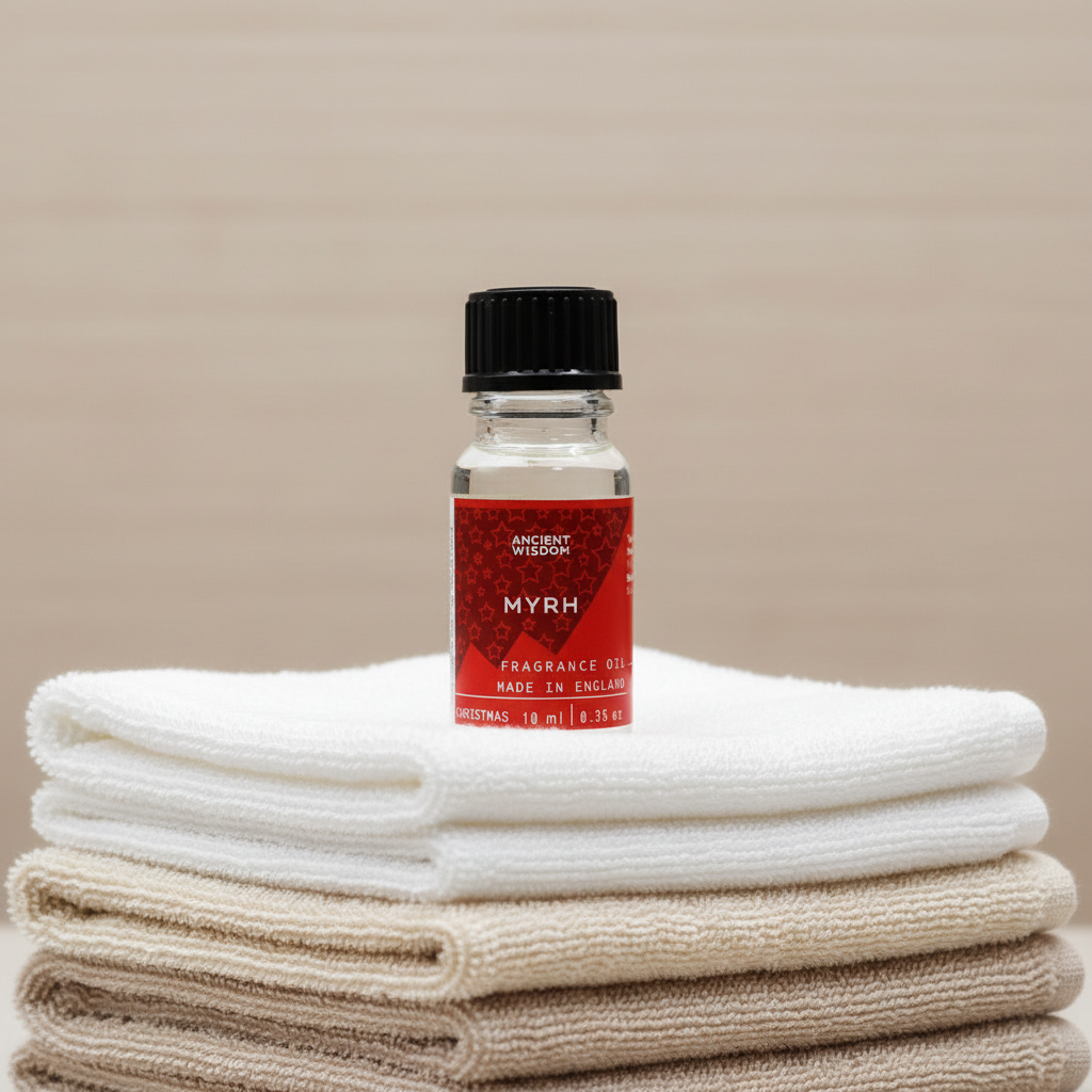 Xmas Myrrh fragrance oil in a decorative bottle, representing a long lasting fragrance oil that enhances home décor and personal care.