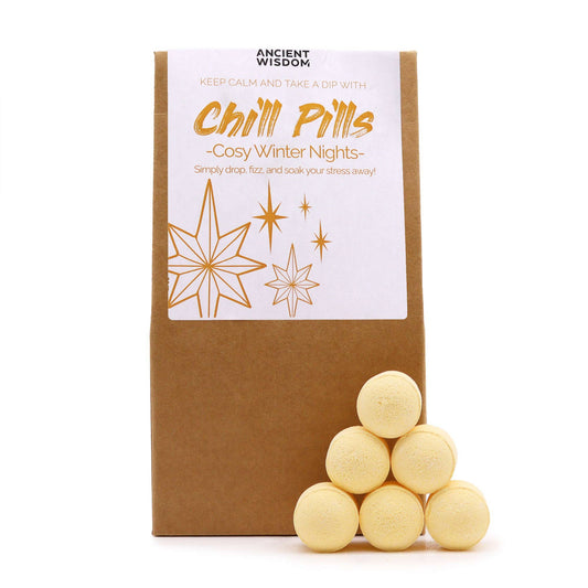 Cinnamon Clove Chill Pills Gift Pack 350G, featuring festive bath bombs stacked together, perfect for creating a cosy home atmosphere. Ideal {{scent}} bath product type for a delightful Christmas Gift Home Fragrance.
