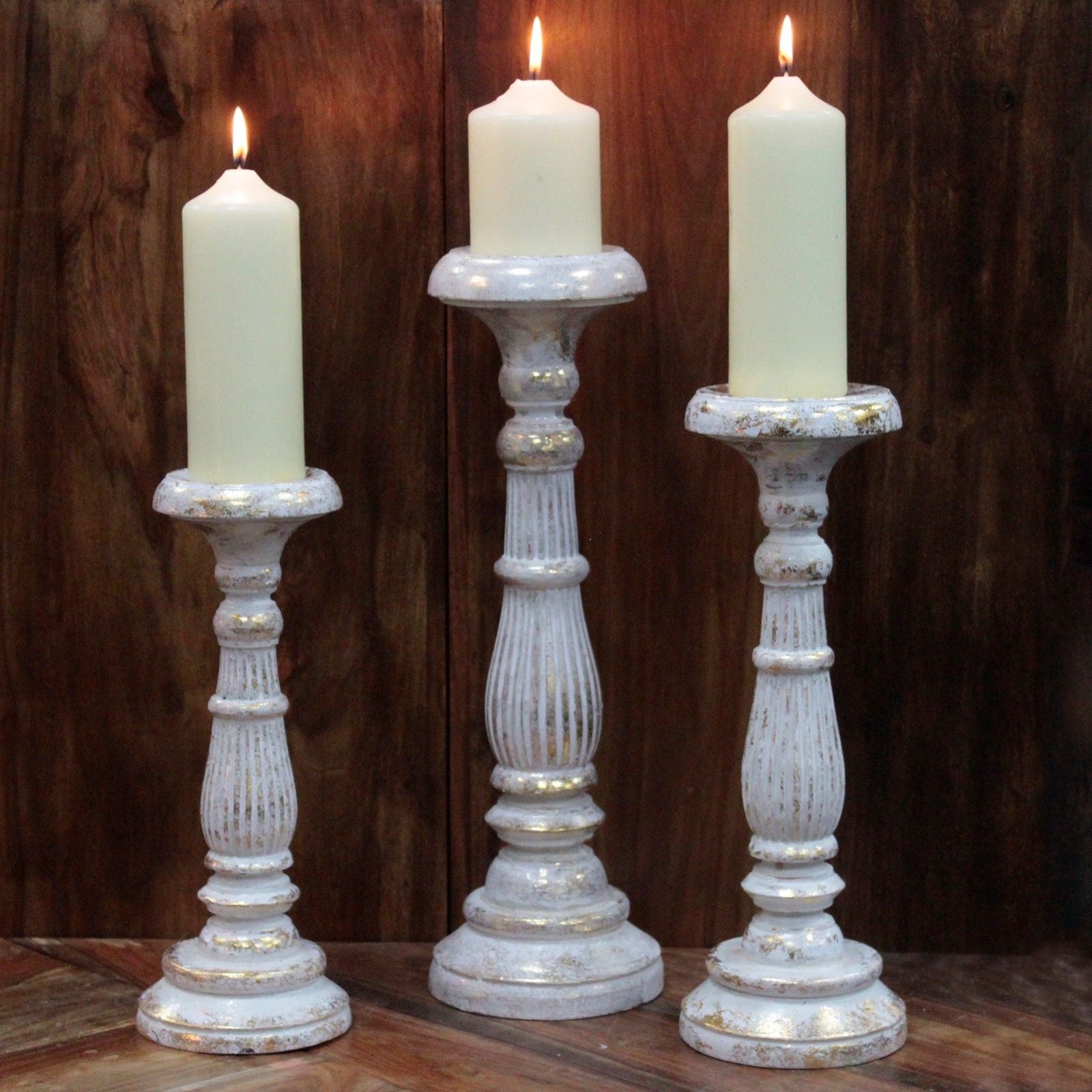 Medium White Gold Candle Stands – Handcrafted Eco-Friendly Decor with lit candles creating a warm glow, ideal for festive gatherings. Perfect for enhancing your space with your desired {{scent}} – Christmas Gift Home Fragrance.