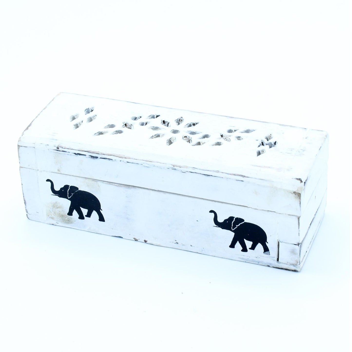 White Washed Incense Holder - 15cm Decorative Smoke Box showcasing an elegant design with intricate cut-outs and elephant patterns. Perfect for enhancing your space with soothing scents, it's a great {{scent}} {{product_type}} – Christmas Gift Home Fragrance.