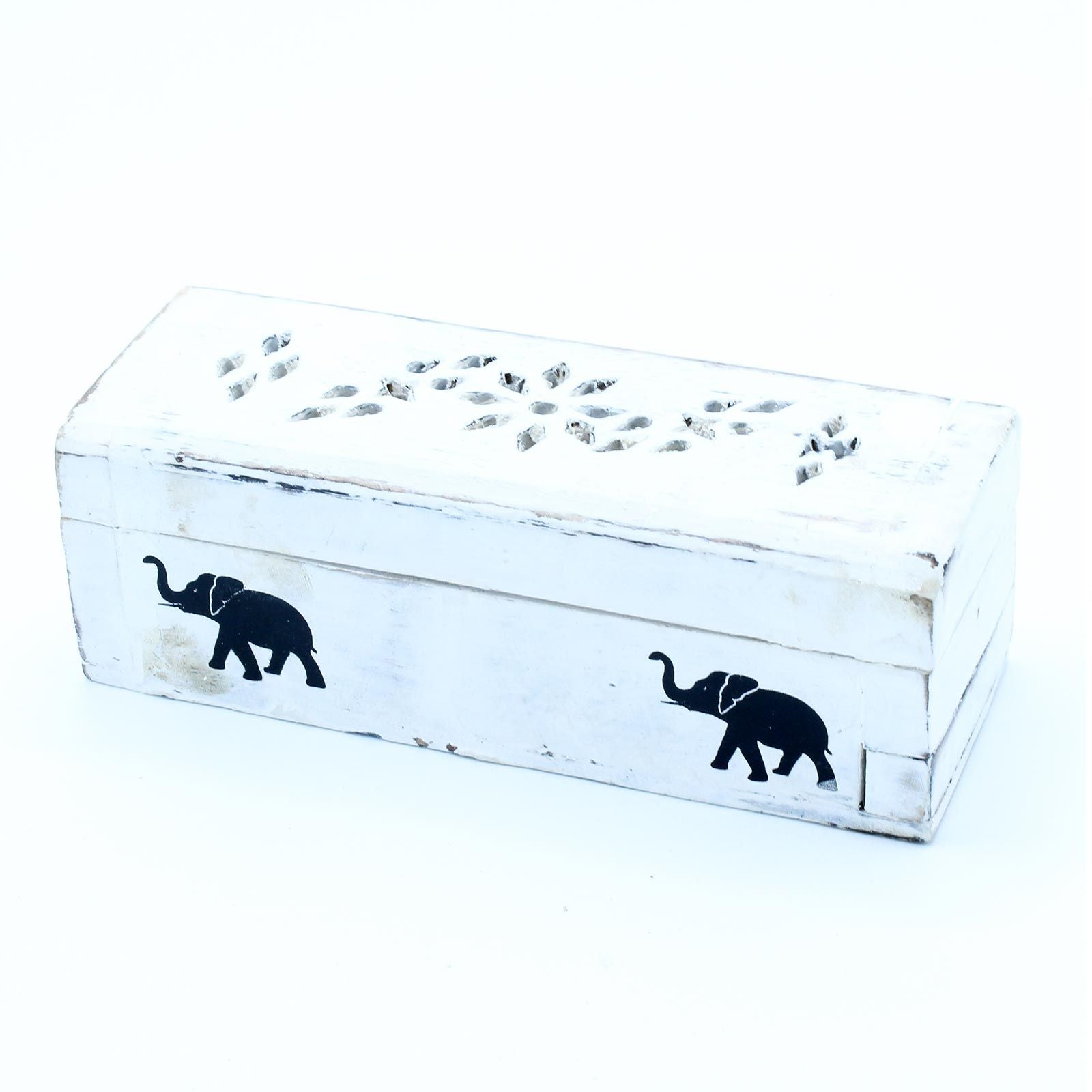 White Washed Incense Holder - 15cm Decorative Smoke Box showcasing an elegant design with intricate cut-outs and elephant patterns. Perfect for enhancing your space with soothing scents, it's a great {{scent}} {{product_type}} – Christmas Gift Home Fragrance.