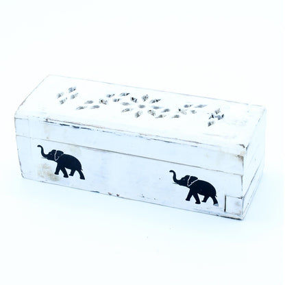 White Washed Incense Holder - 15cm Decorative Smoke Box showcasing an elegant design with intricate cut-outs and elephant patterns. Perfect for enhancing your space with soothing scents, it's a great {{scent}} {{product_type}} – Christmas Gift Home Fragrance.