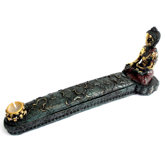Antique Buddha Incense Burner & Box featuring a detailed Buddha design, perfect for creating a calming atmosphere in your home. Ideal for meditation spaces or as a Christmas gift home fragrance.
