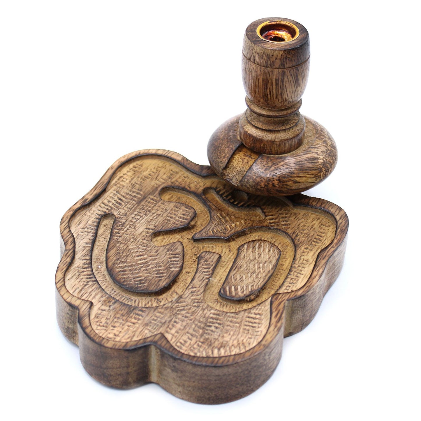 Sm Mango Wood Backflow Burner - Ohm showcases intricate craftsmanship, making it an elegant choice for home fragrance. Perfect as a Christmas Gift for enhancing tranquil spaces.
