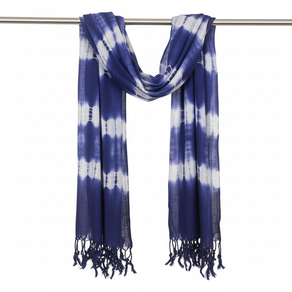 Close-up of the Boho Indigo Striped Art Stole/Scarf, highlighting the luxurious fabric blend of linen and rayon, ideal for a chic boho indigo scarf.