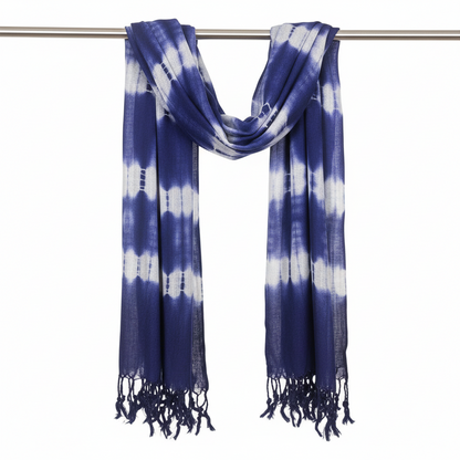 Close-up of the Boho Indigo Striped Art Stole/Scarf, highlighting the luxurious fabric blend of linen and rayon, ideal for a chic boho indigo scarf.