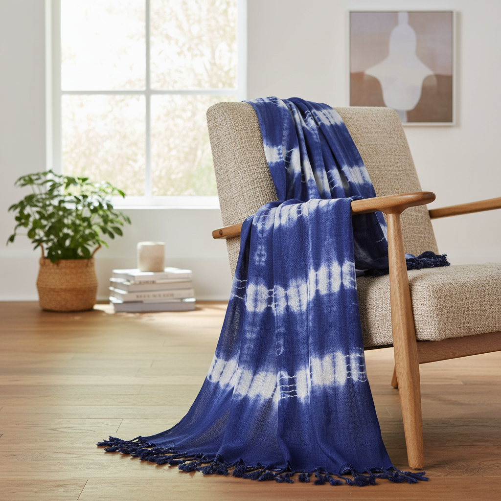 Details of the Boho Indigo Striped Art Stole/Scarf draped over a chair, capturing its soft drapey feel and elegant stripes, an essential boho indigo scarf for any wardrobe.