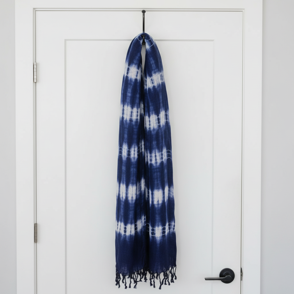 Model wearing the Boho Indigo Striped Art Stole/Scarf as a shawl, demonstrating its versatility and style as a fashionable boho indigo scarf.
