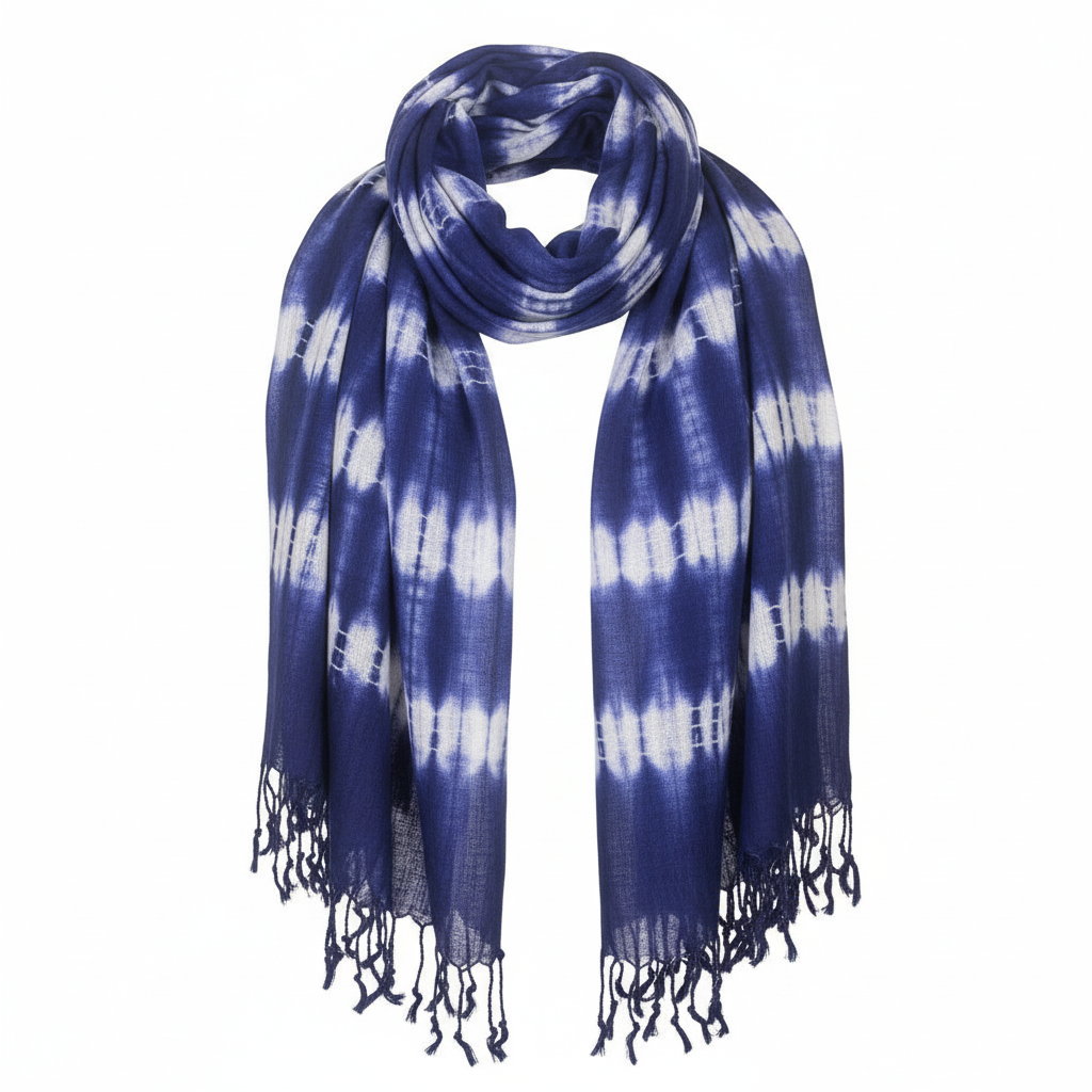 Boho Indigo Striped Art Stole/Scarf - 62x200cm Soft Linen-Rayon showcasing its elegant deep indigo stripes, perfect for stylish layering as a boho indigo scarf.