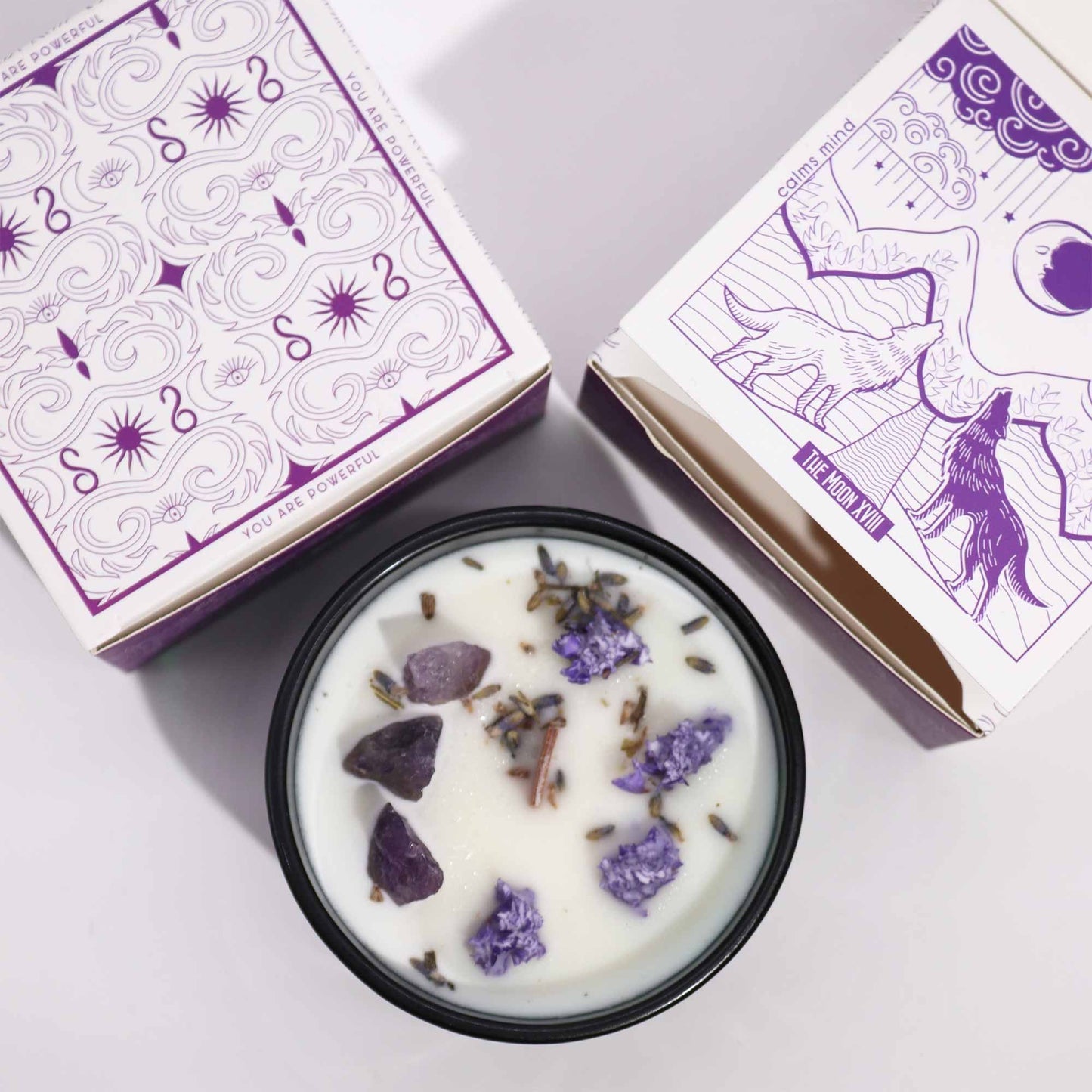 Amethyst Lavender Magic Flower Candle with its artistic packaging, featuring amethyst crystals and lavender. A lovely choice for a Christmas gift home fragrance.
