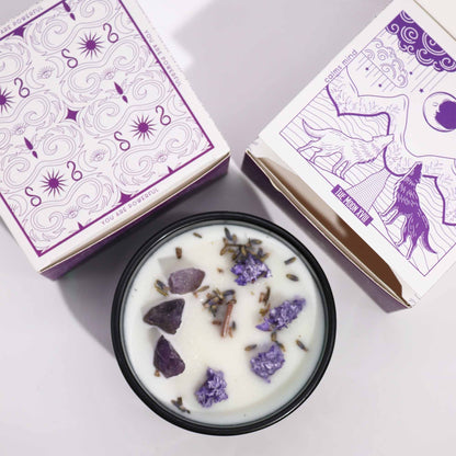 Amethyst Lavender Magic Flower Candle with its artistic packaging, featuring amethyst crystals and lavender. A lovely choice for a Christmas gift home fragrance.