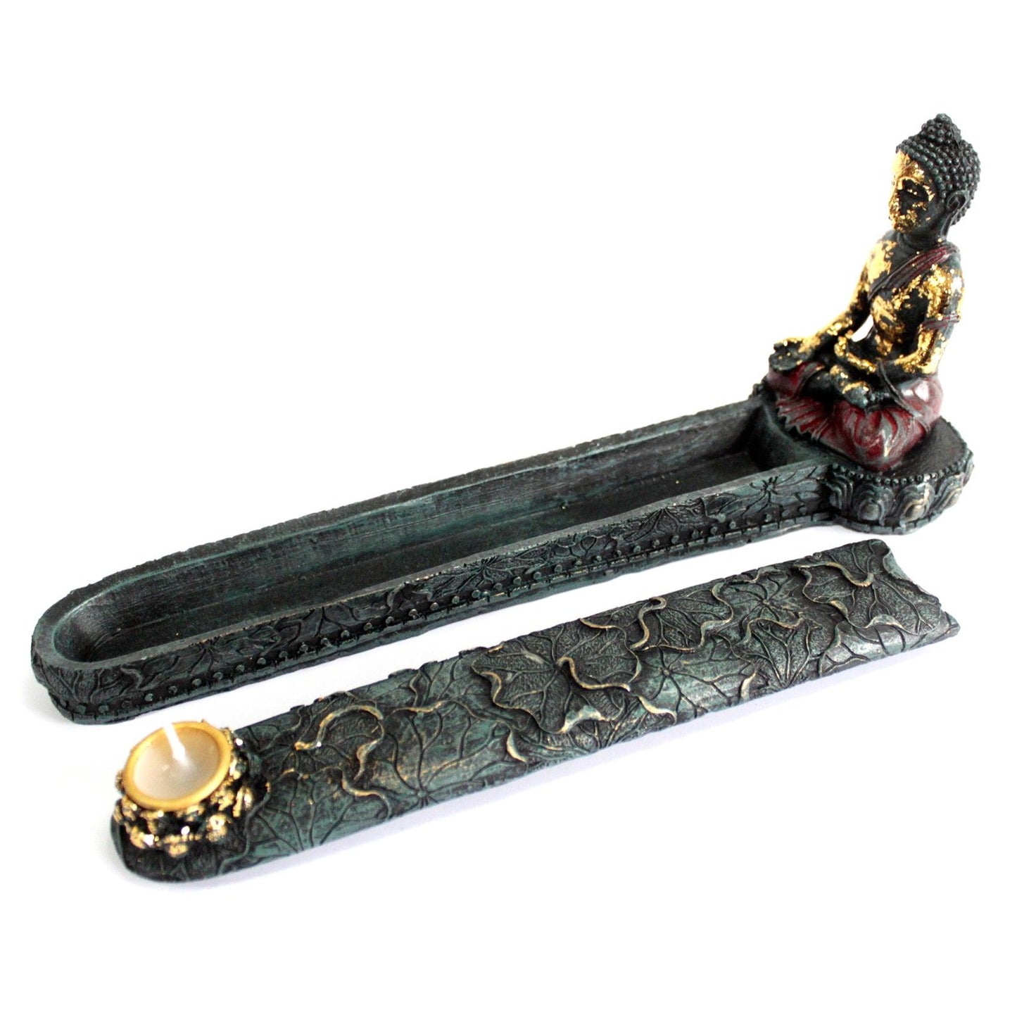 Antique Buddha Incense Burner & Box showcasing a beautifully crafted Buddha perched on a decorative incense holder, adding a serene touch to any room. A great addition for home fragrance and Christmas gift.