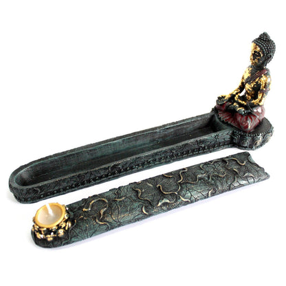 Antique Buddha Incense Burner & Box showcasing a beautifully crafted Buddha perched on a decorative incense holder, adding a serene touch to any room. A great addition for home fragrance and Christmas gift.