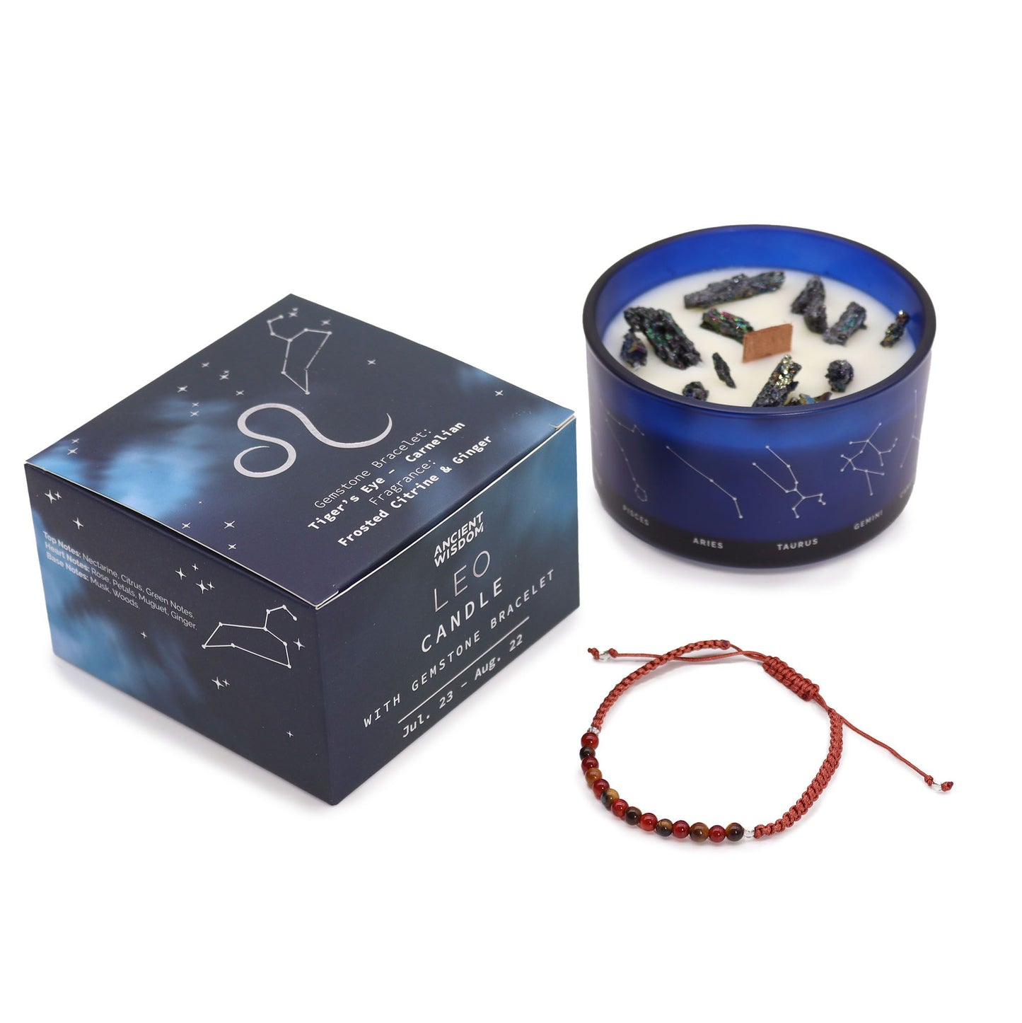 Zodiac Crystal Candle with Gemstone Bracelet - Leo set featuring vibrant blue candle, earthy gemstones, and a beautifully designed box. The captivating scent of Frosted Citrine and Ginger makes it a perfect Christmas Gift Home Fragrance.