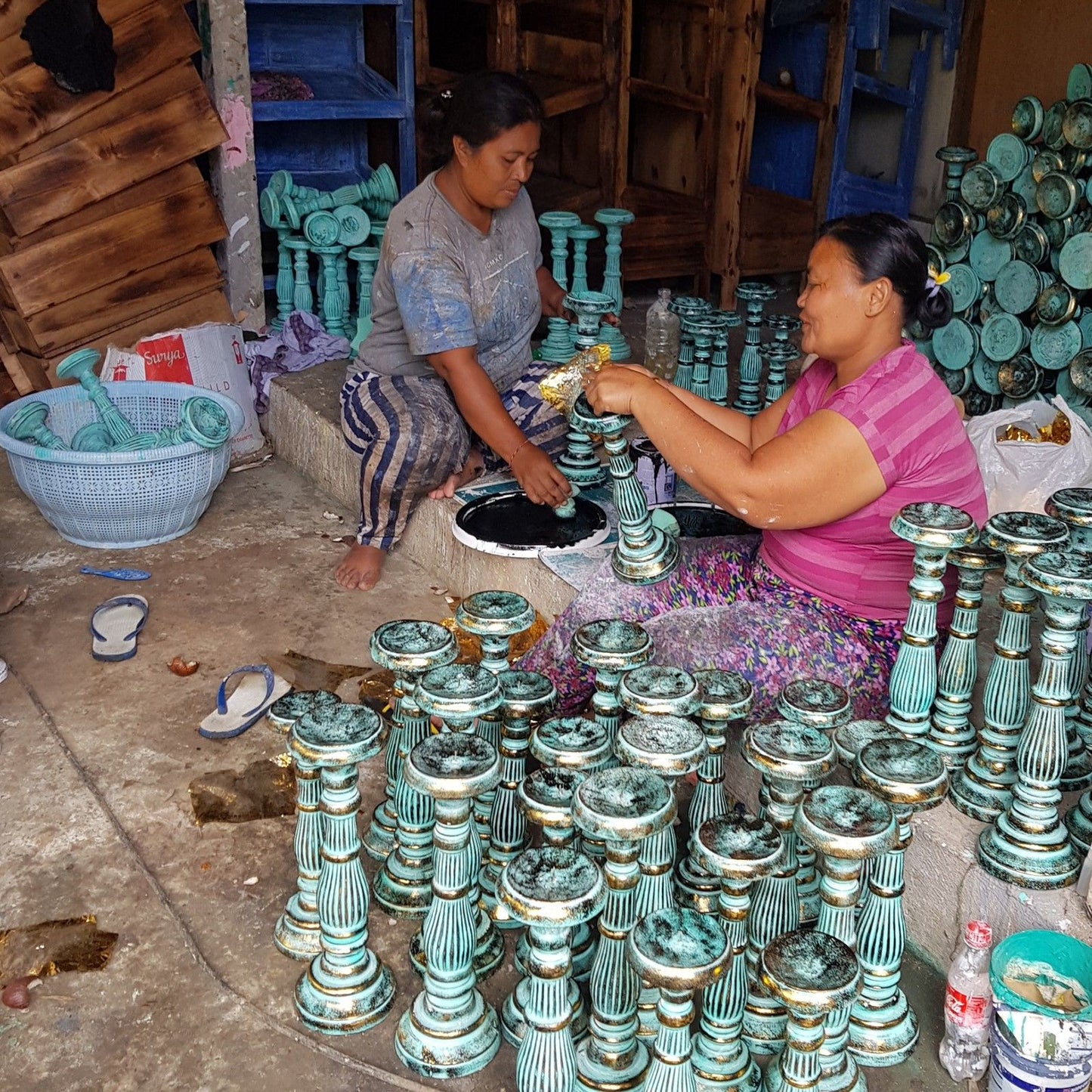 Artisans crafting Medium White Gold Candle Stands – Handcrafted Eco-Friendly Decor, showcasing the dedication to quality and sustainability in the design process. A great unique gift for the home with your favourite {{scent}} – Christmas Gift Home Fragrance.