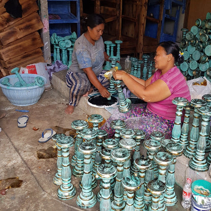Artisans crafting Medium White Gold Candle Stands – Handcrafted Eco-Friendly Decor, showcasing the dedication to quality and sustainability in the design process. A great unique gift for the home with your favourite {{scent}} – Christmas Gift Home Fragrance.