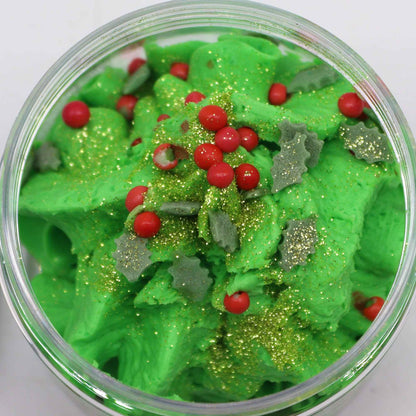 Close-up of Festive Morning Whipped Soap 120g displaying rich green whipped texture with sparkles and festive toppings, ideal as a Christmas gift – Christmas Gift Home Fragrance.