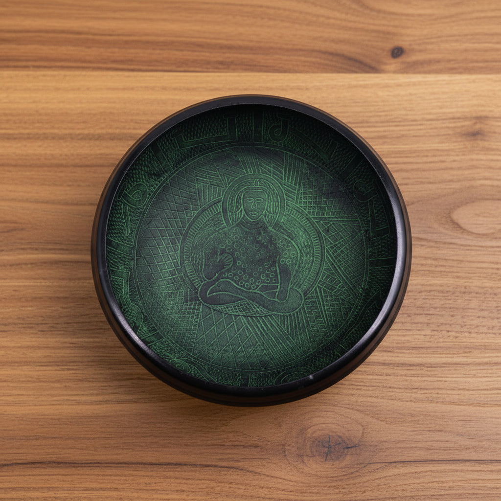 Detailed close-up of the inner design of the Moss Green Extra Loud Mushroom Singing Bowl – 23cm, featuring a serene meditating figure, ideal for enhancing your meditation practice and as a Christmas Gift Home Fragrance.