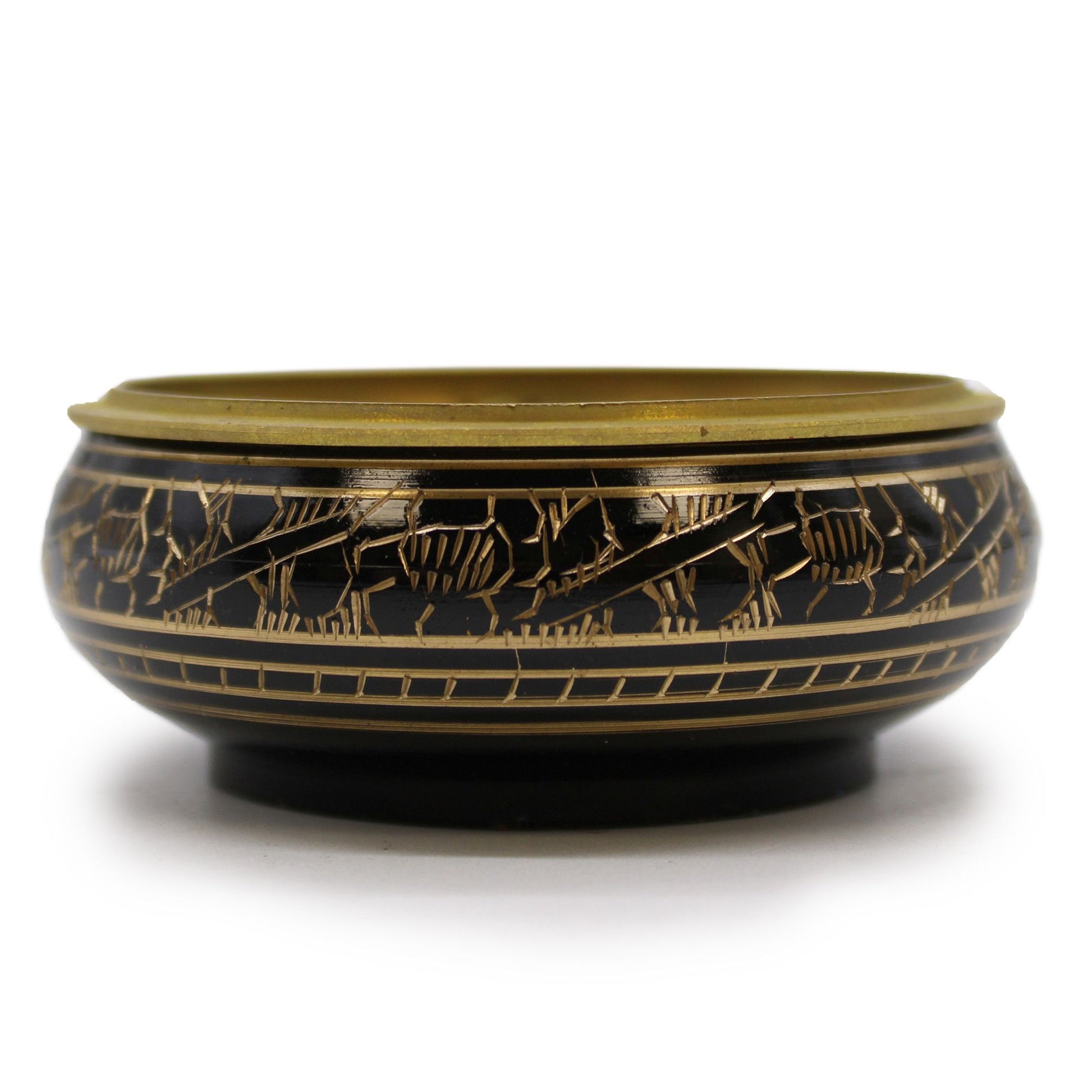 Compact Brass Carved Incense Jar with Mesh Lid - Charcoal & Herbs, showcasing intricate carvings and a rich finish, perfect for enhancing your home fragrance. This stylish incense jar is an ideal Christmas gift for those who appreciate scented experiences.