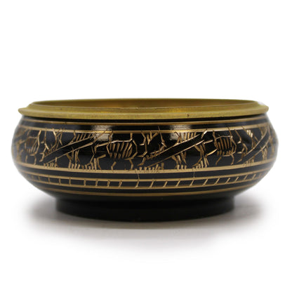 Compact Brass Carved Incense Jar with Mesh Lid - Charcoal & Herbs, showcasing intricate carvings and a rich finish, perfect for enhancing your home fragrance. This stylish incense jar is an ideal Christmas gift for those who appreciate scented experiences.